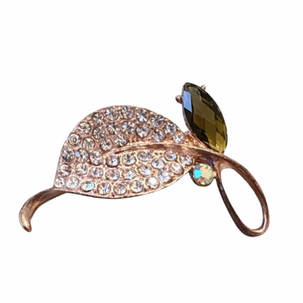 Vintage Rhinestone Leaf Brooch – Gold Tone – Green Crystal – Botanical